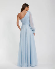 Blue One Sleeve A-Line Chiffon Gown With 3D Flowers