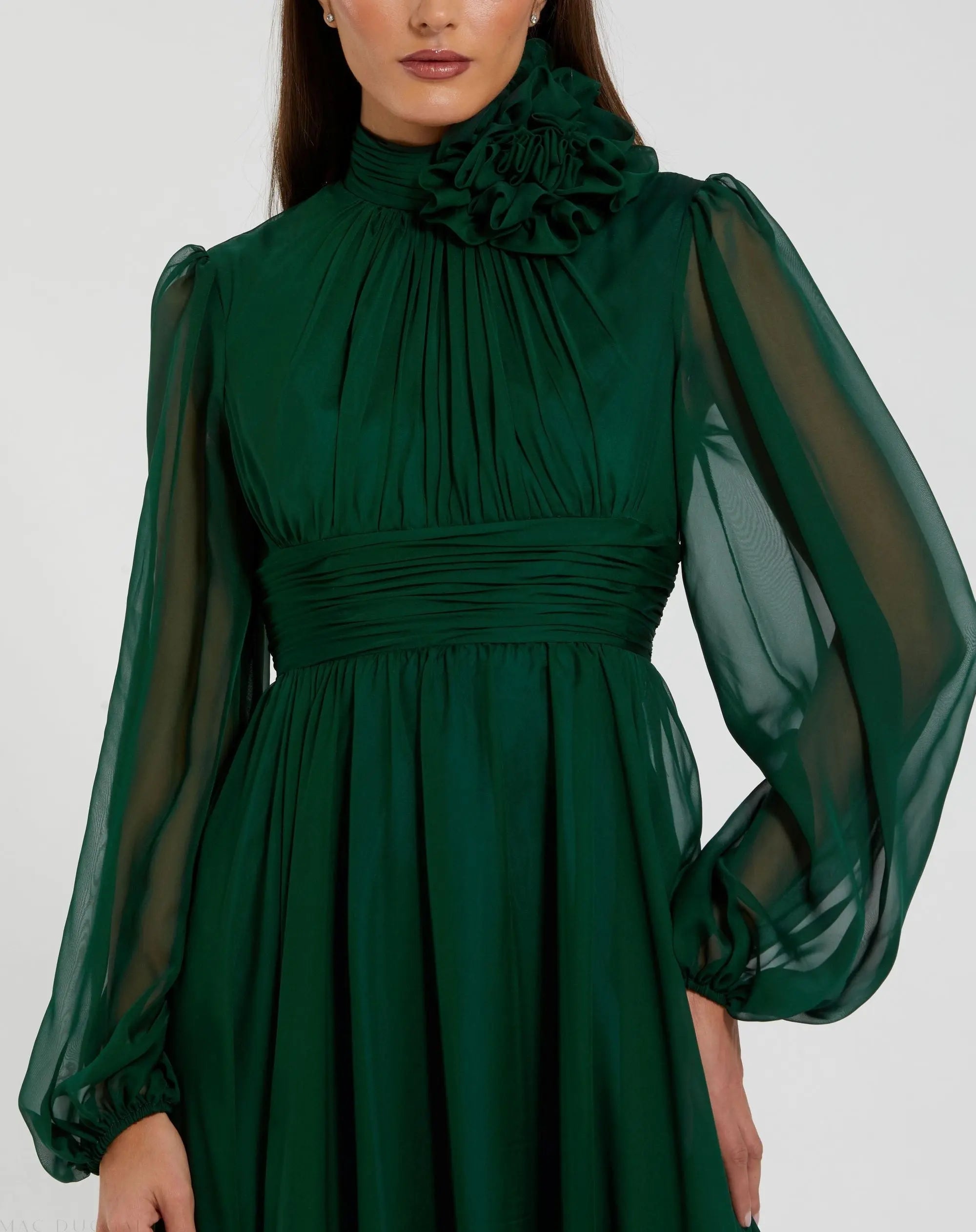 Green High Low Long Sleeve Chiffon Gown With 3D Flower