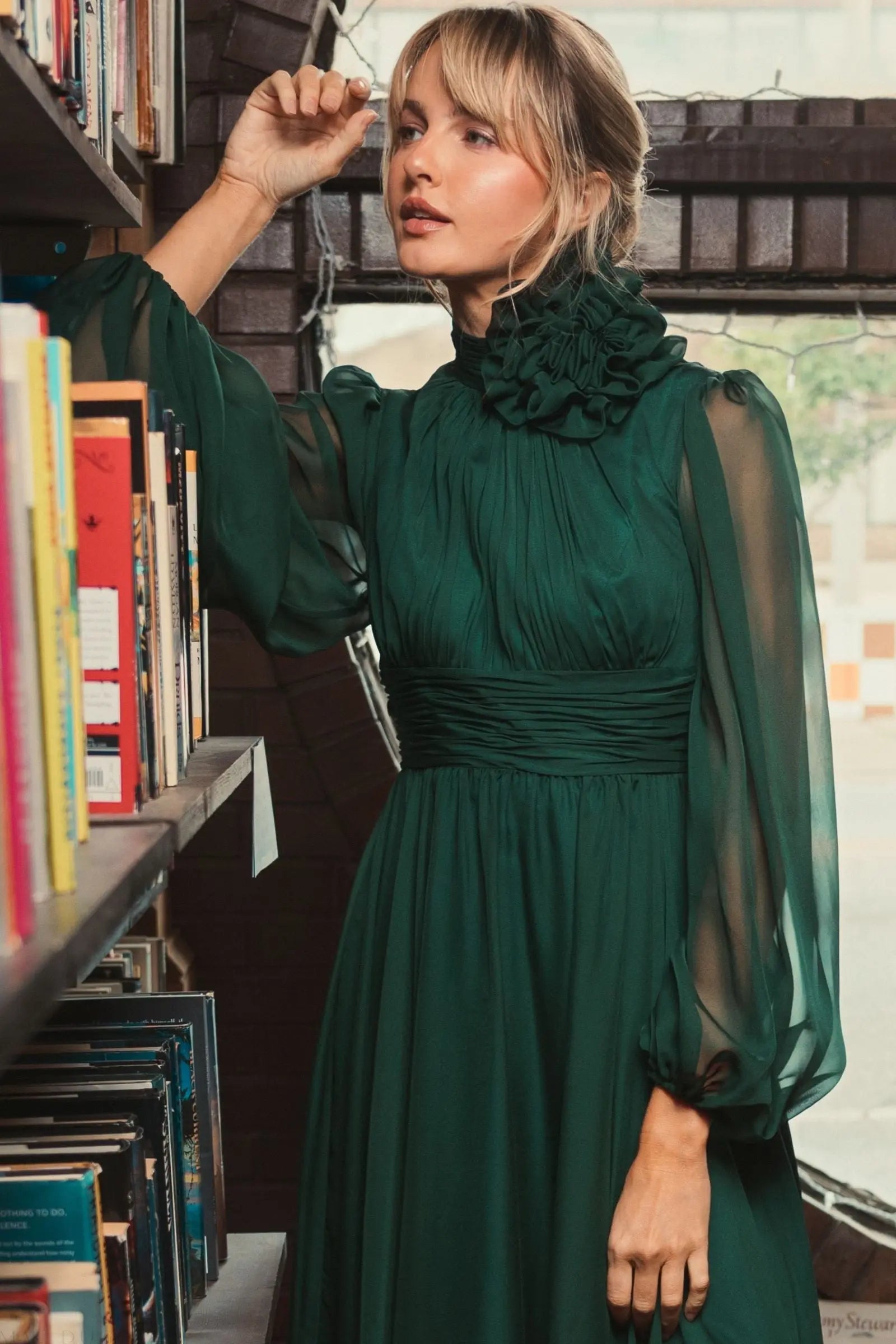 Green High Low Long Sleeve Chiffon Gown With 3D Flower