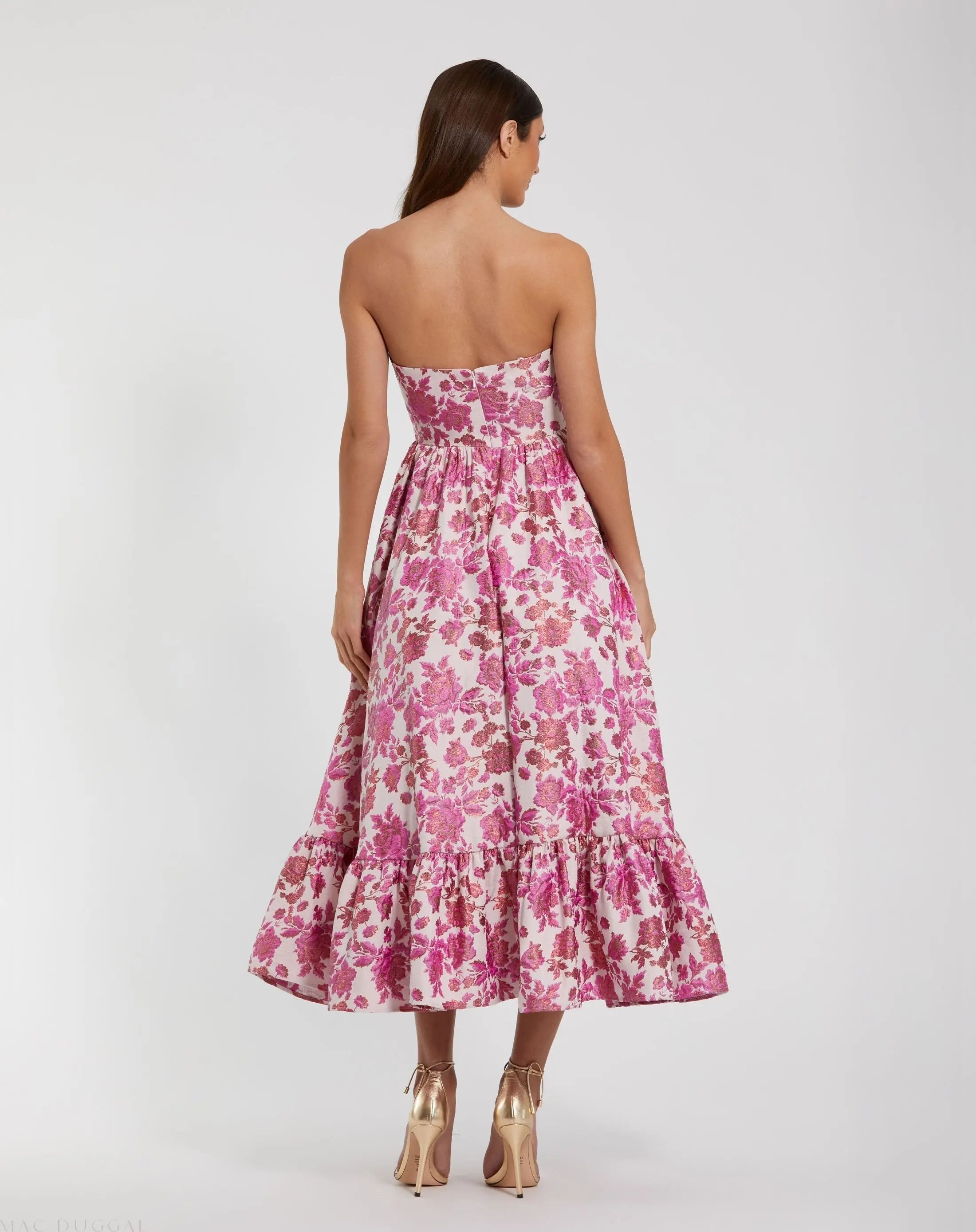 Pink Floral Brocade Strapless A Line Midi Dress