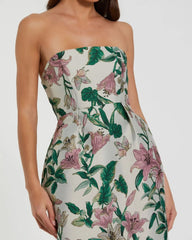Multicolor Floral Brocade Strapless Fitted Midi Dress