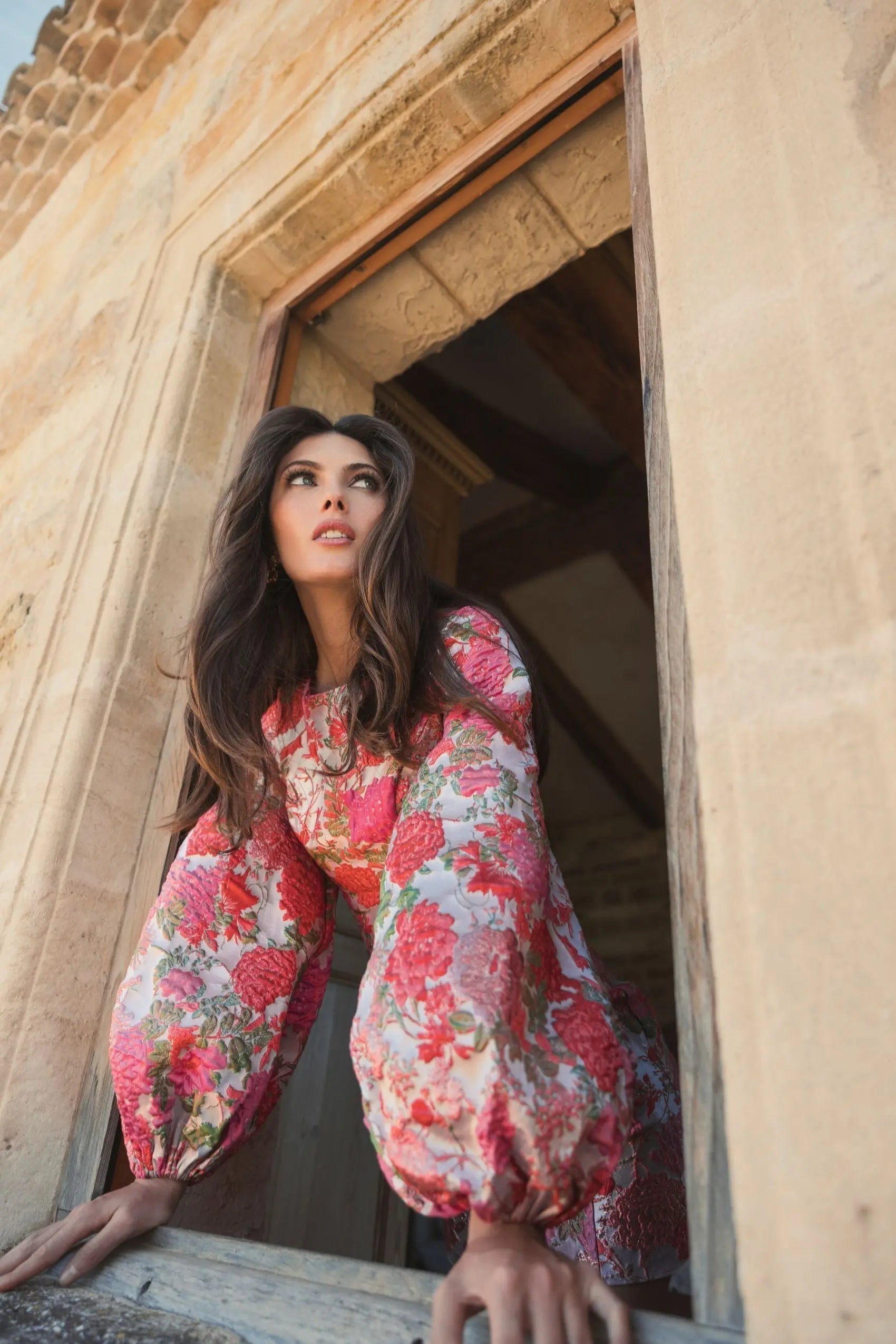 Pink Floral Brocade Balloon Sleeve Mini Dress