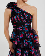 Black Floral Chiffon One Shoulder Tiered Ruffle Gown