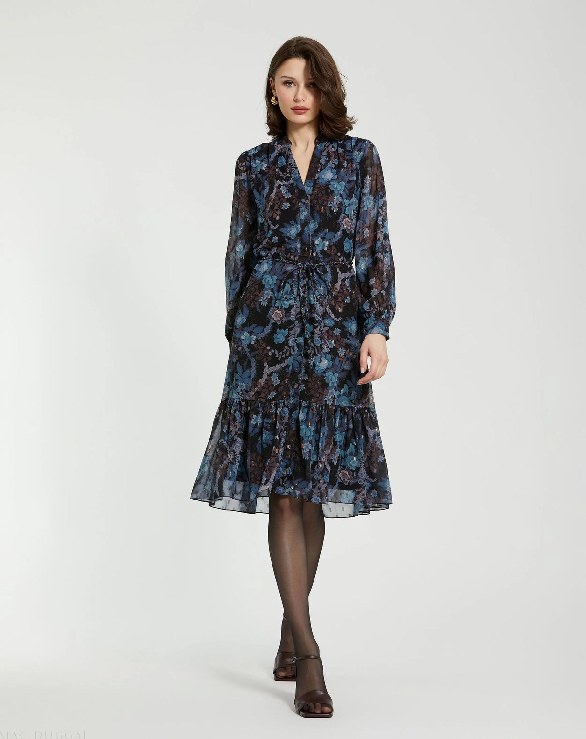 Blue Lurex Chiffon Bishop Sleeve Button Up Midi Dress
