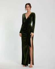 Ruched Velvet Column Evening Gown