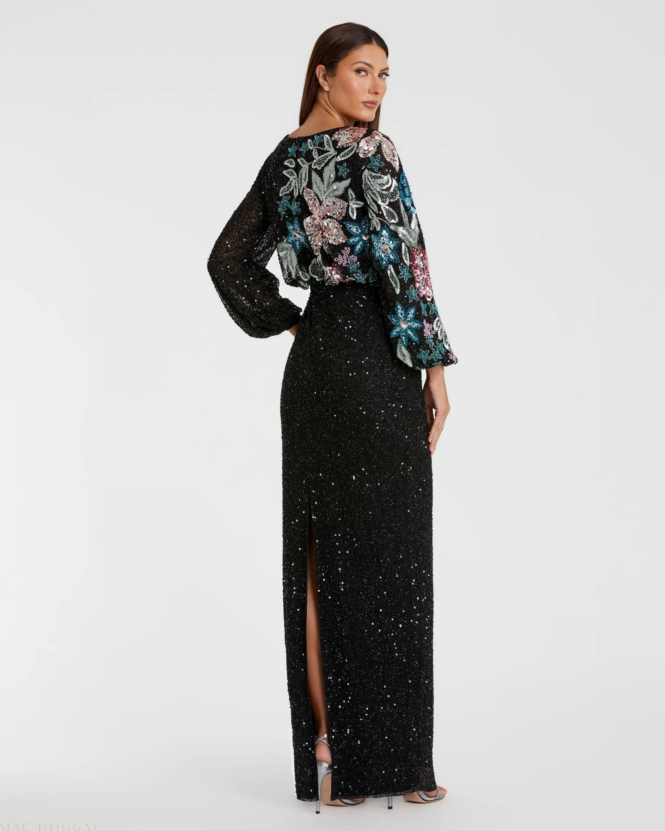 Black High Neck Long Sleeve Sequin Gown