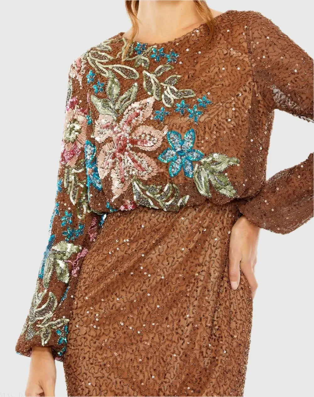 Brown High Neck Long Sleeve Sequin Gown