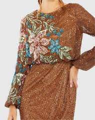 Brown High Neck Long Sleeve Sequin Gown