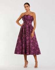 Purple Strapless Floral Brocade A-line Midi Dress