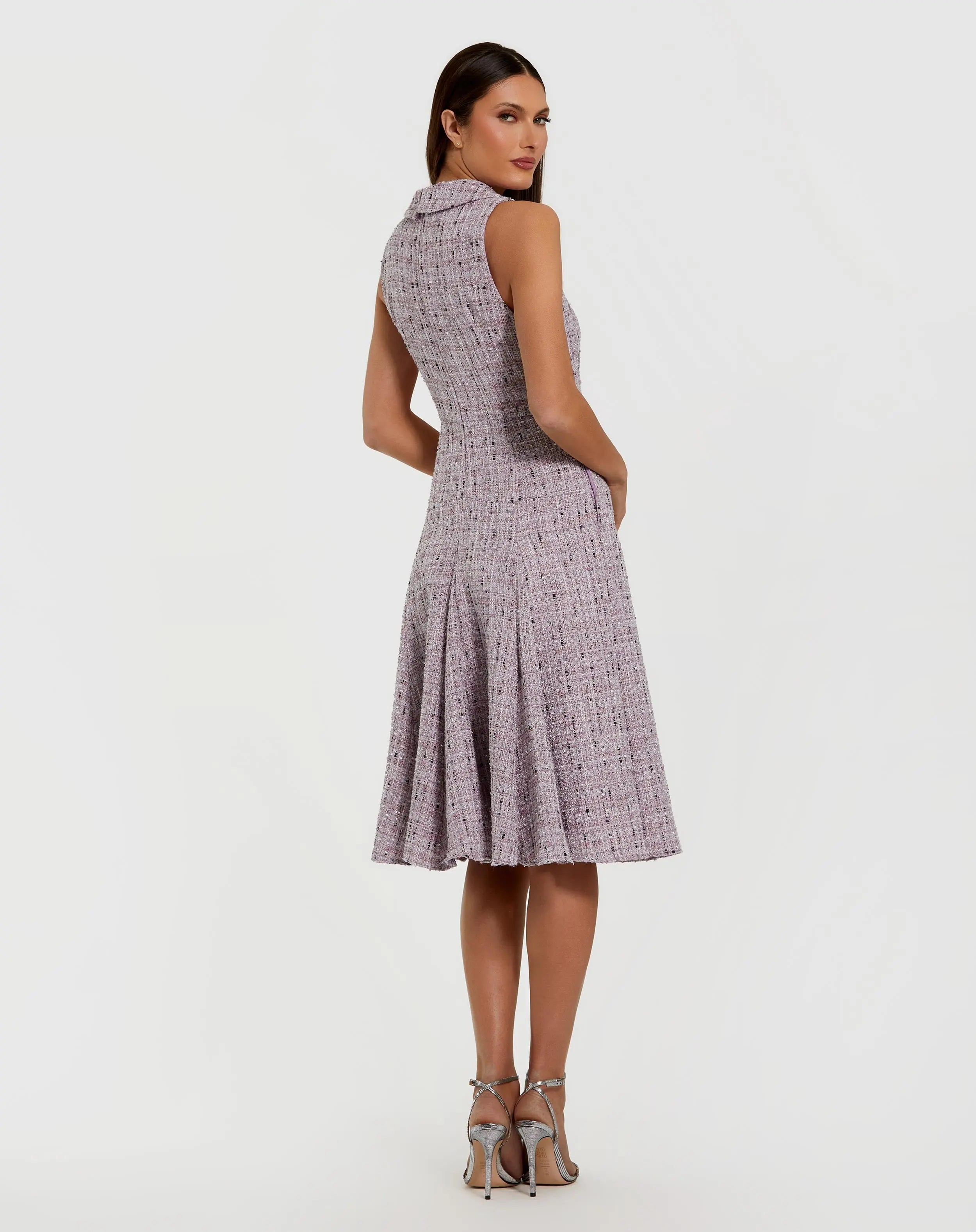 Purple Sleeveless Boucle A-Line Midi Dress With Bow