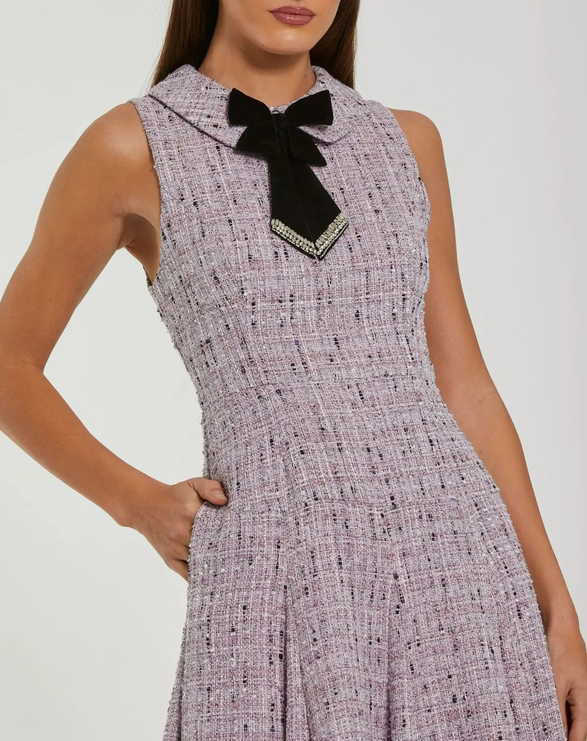 Purple Sleeveless Boucle A-Line Midi Dress With Bow