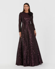 Dark Purple Long Sleeve Sequin Ball Gown With 3D Flower