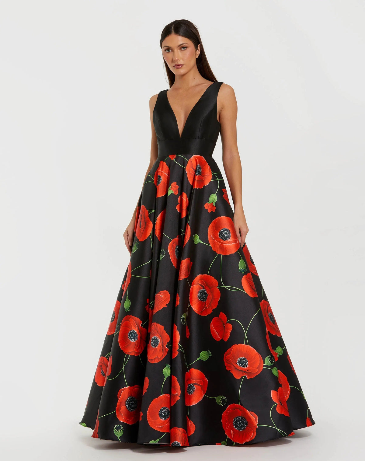 Black Plunge Neck Ball Gown With Floral Mikado Skirt