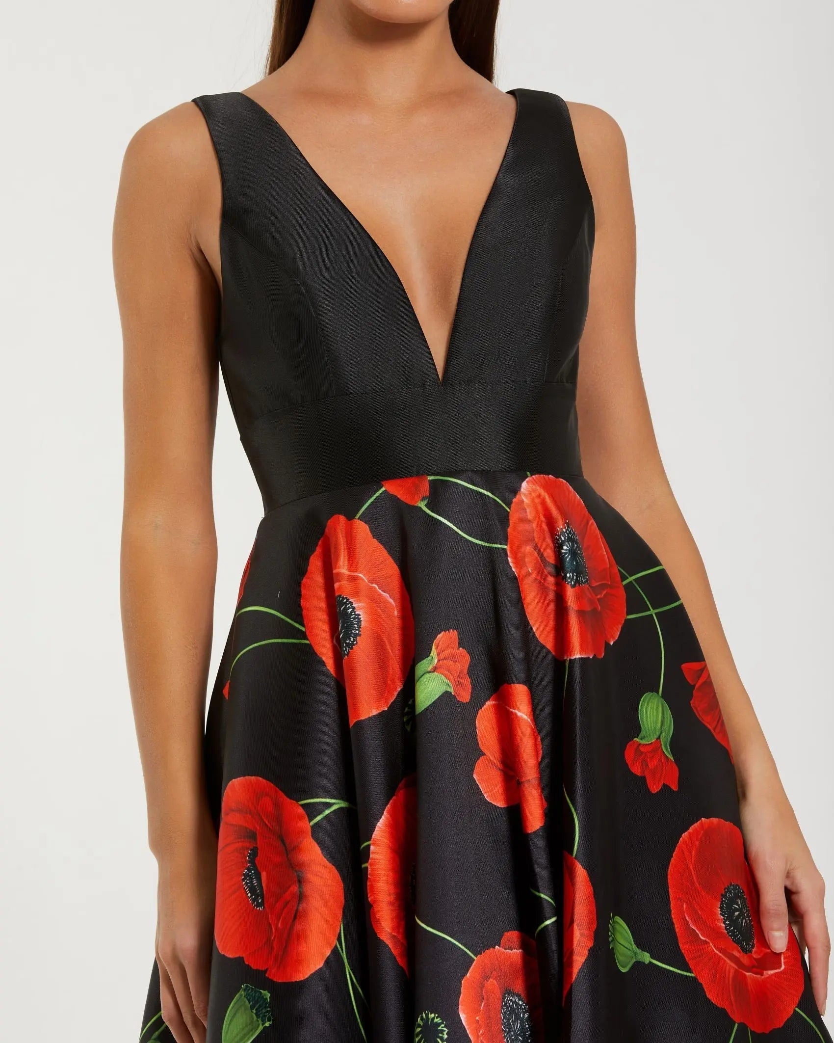 Black Plunge Neck Ball Gown With Floral Mikado Skirt
