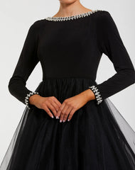 Black Embellished Jersey Long Sleeve Ballgown With Tulle Skirt