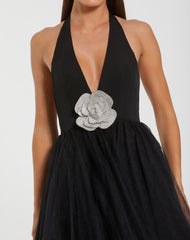 Black Halter Neck Ballgown with Rhinestone Flower