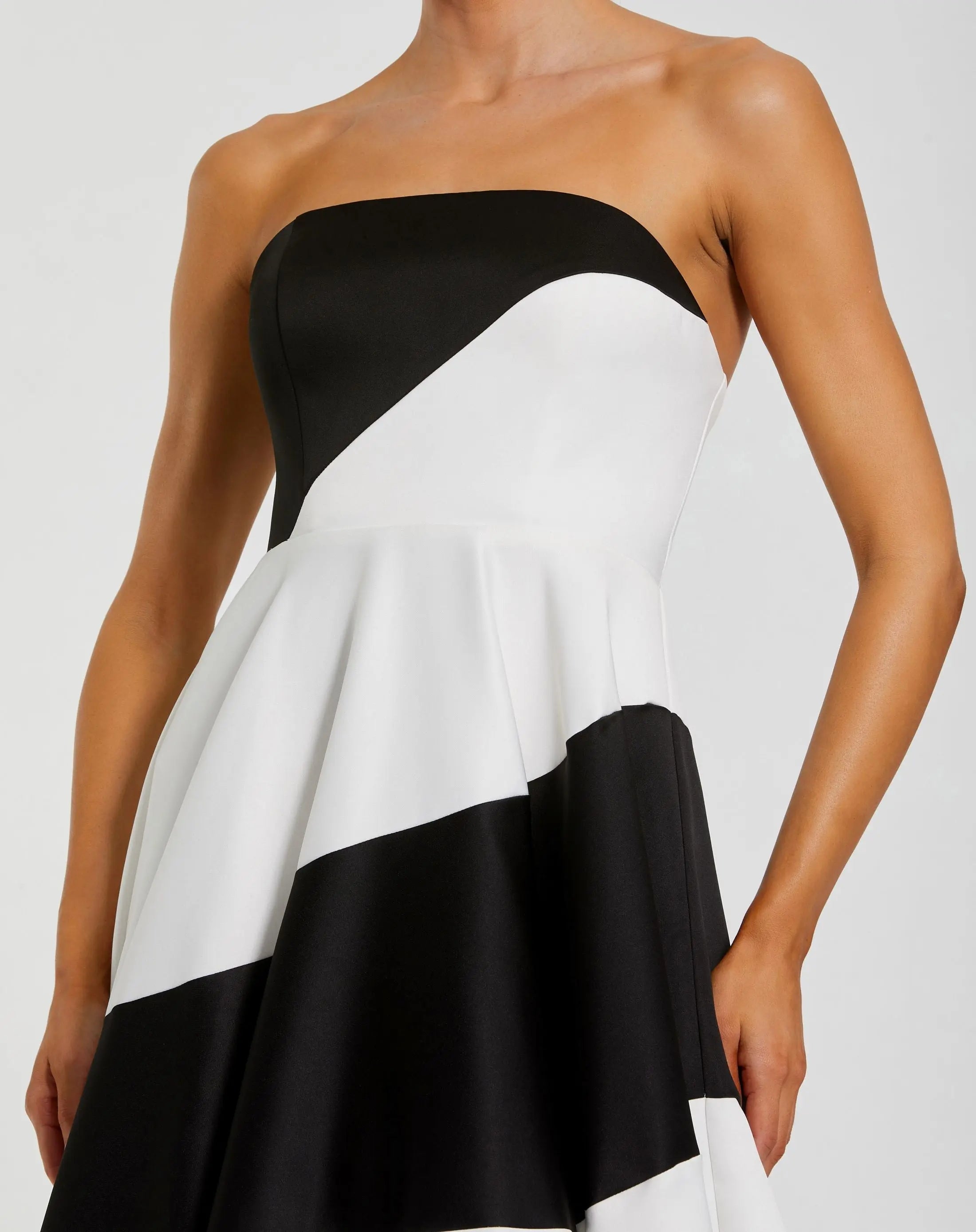 Black and White Striped Satin Strapless Ball Gown