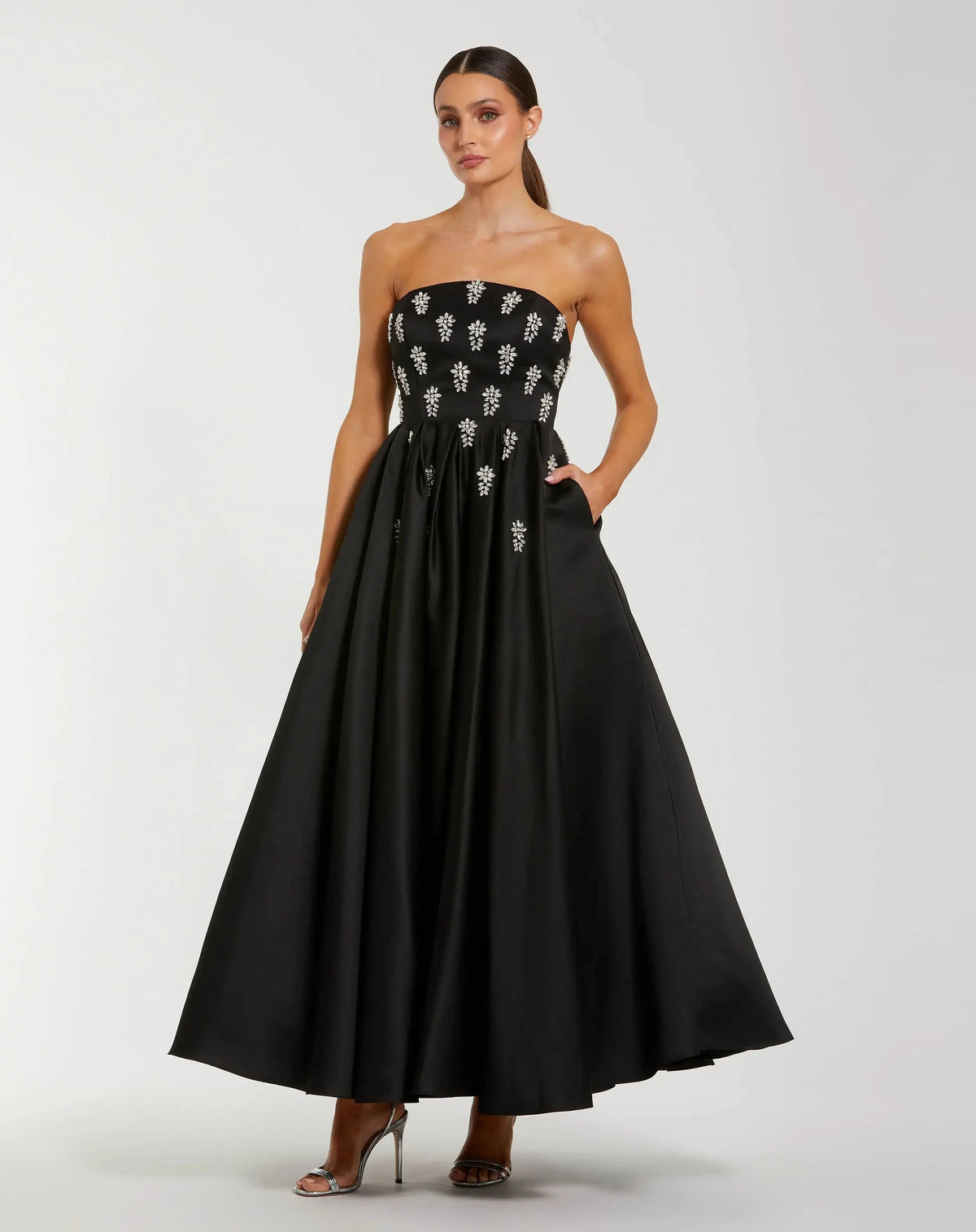 Crystal Embellished Strapless Satin A-Line Dress
