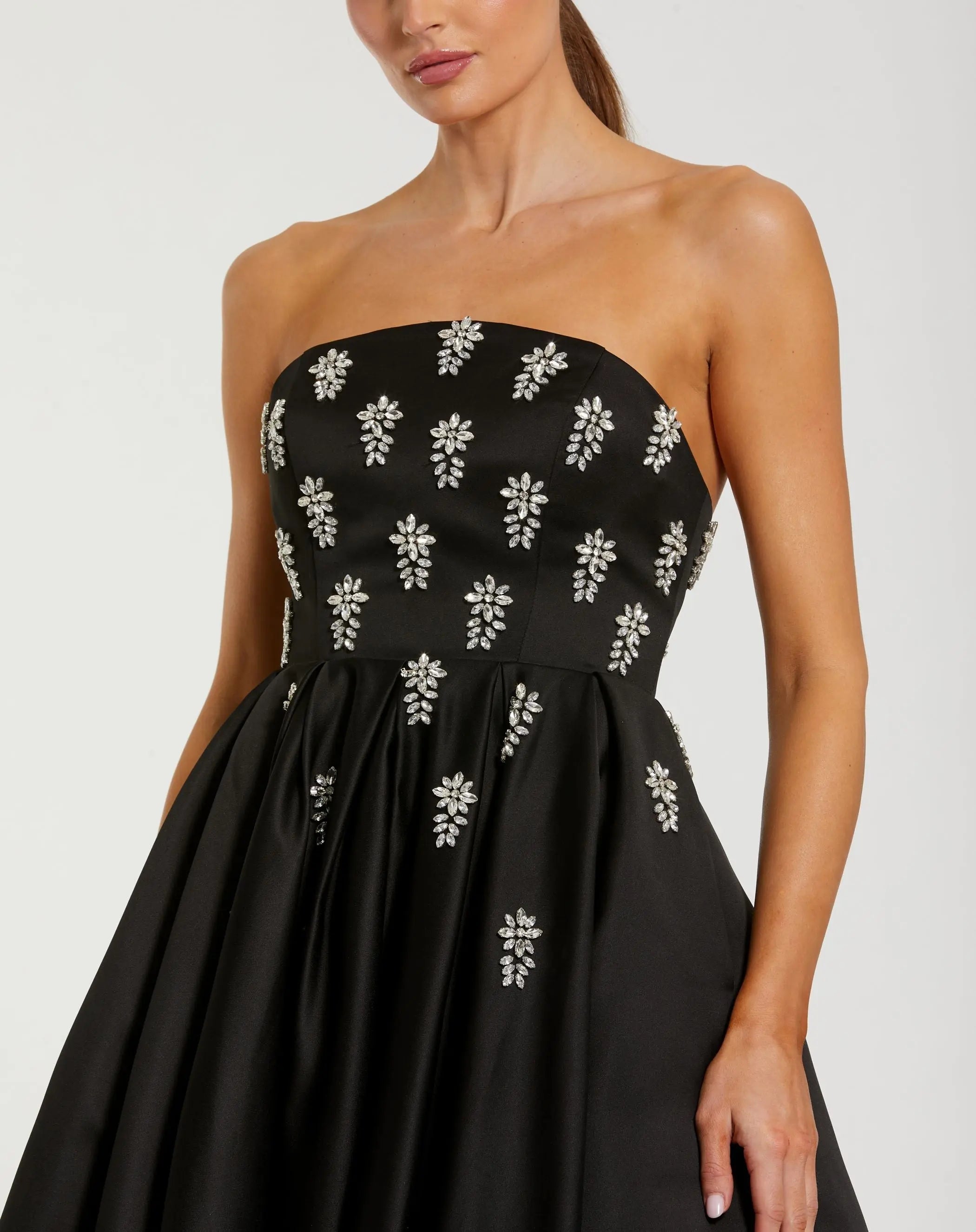 Black Crystal Embellished Strapless Satin A-Line Dress