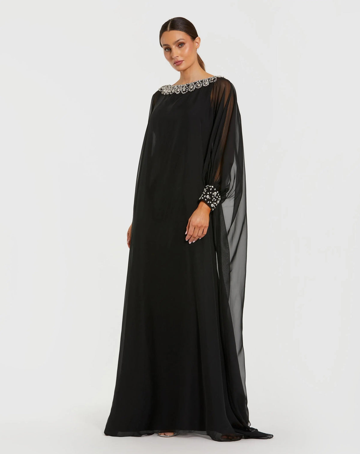 Black Long Sleeve Embellished Chiffon Kaftan Gown