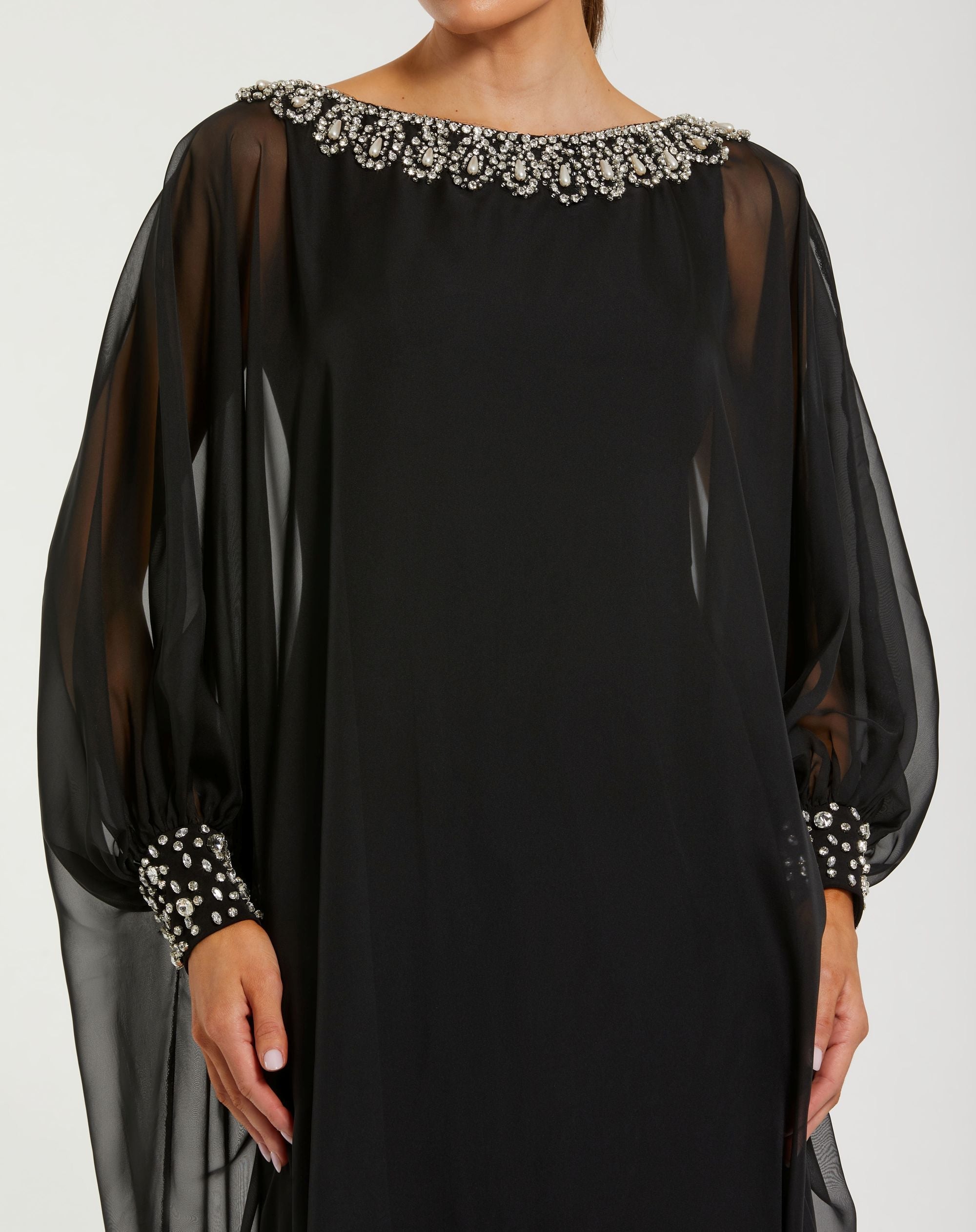 Black Long Sleeve Embellished Chiffon Kaftan Gown