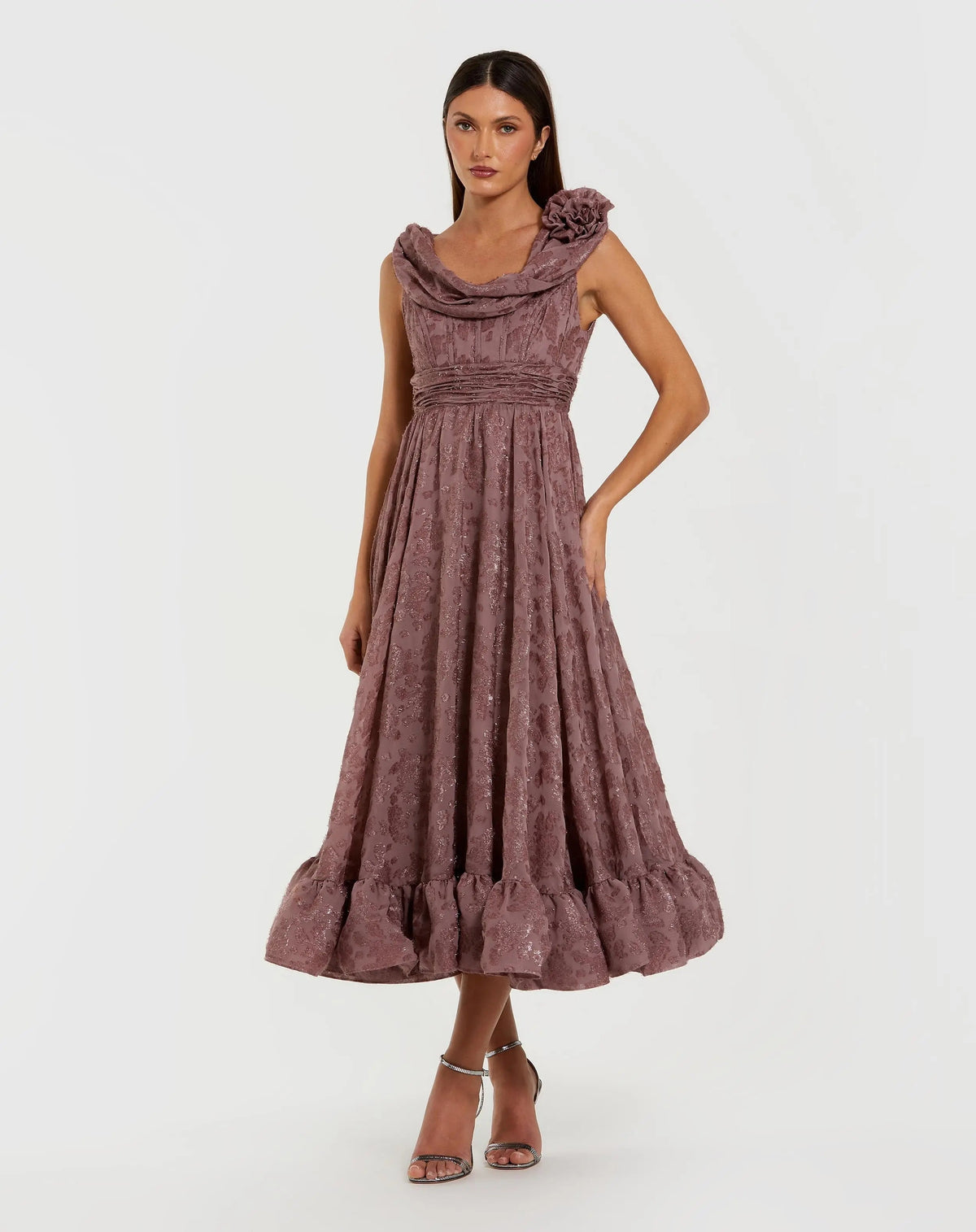Purple Chiffon Sleeveless Cowl Neck Midi Dress