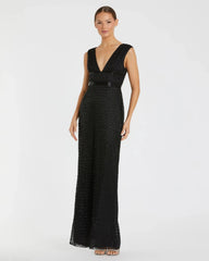 Beaded Cap Sleeve V Neck Column Gown