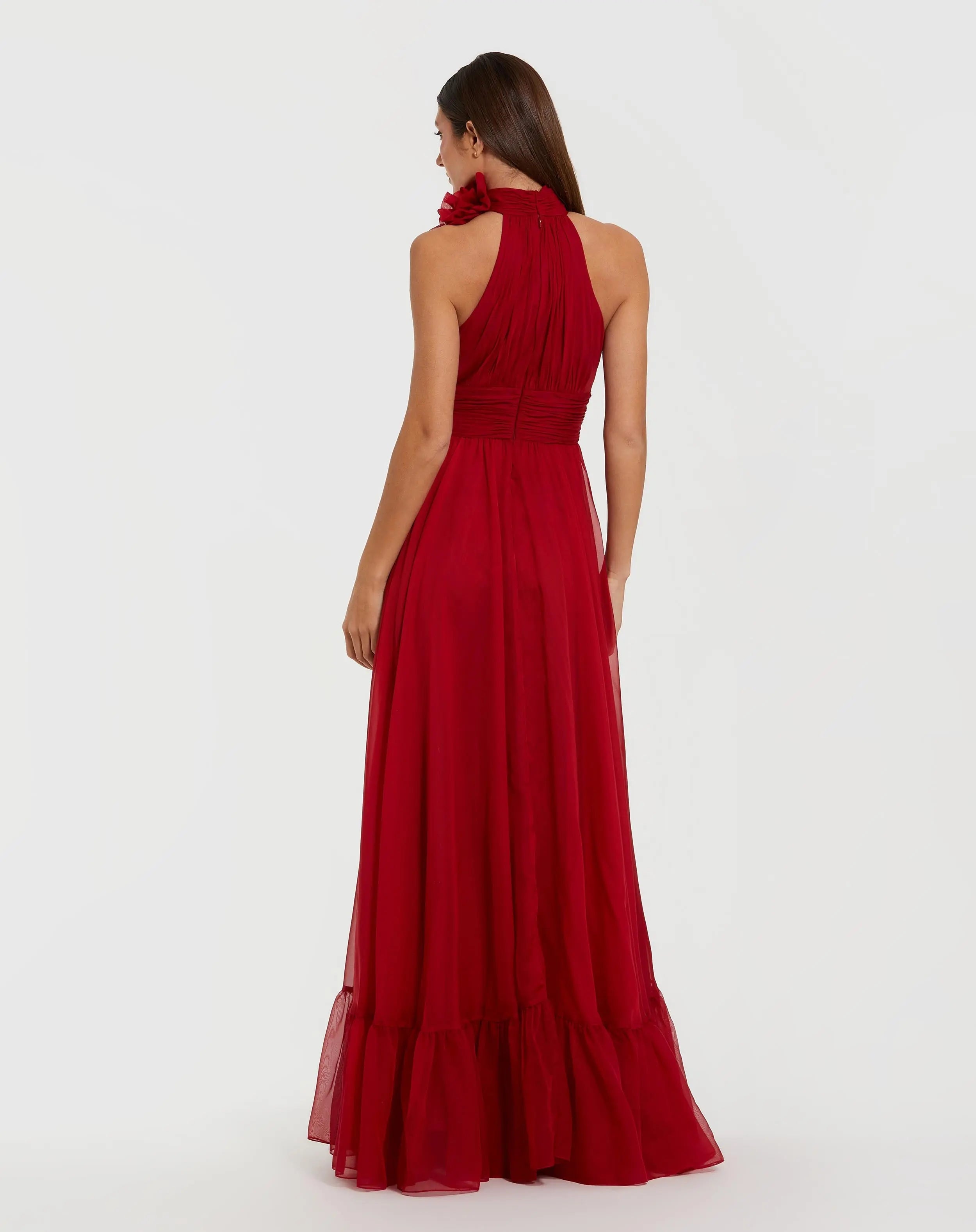 Red High Neck Sleeveless Chiffon Evening Gown with 3D Flower
