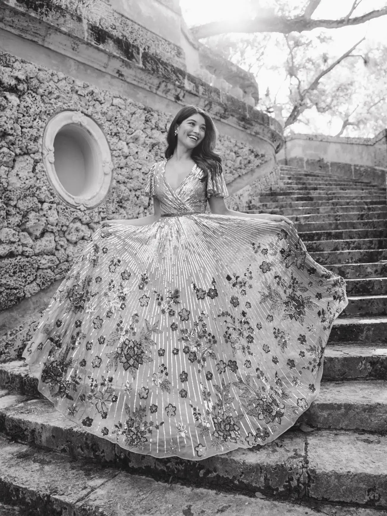 Purple Flounce Sleeve V Neck Gown