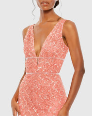 Pink Sequined Plunge Neck Sleeveless Column Gown