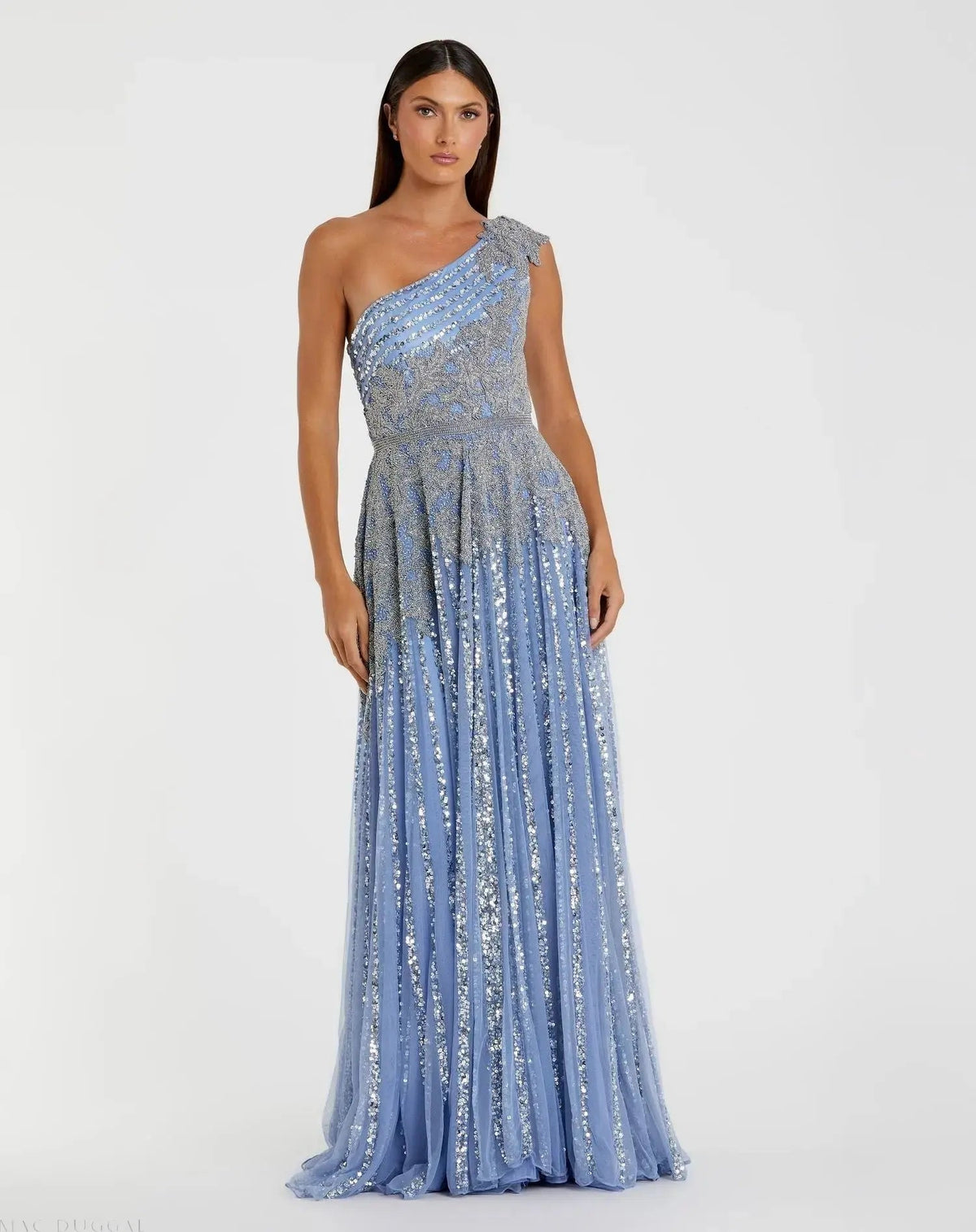 Blue Beaded Embellished One Shoulder A Line Gown