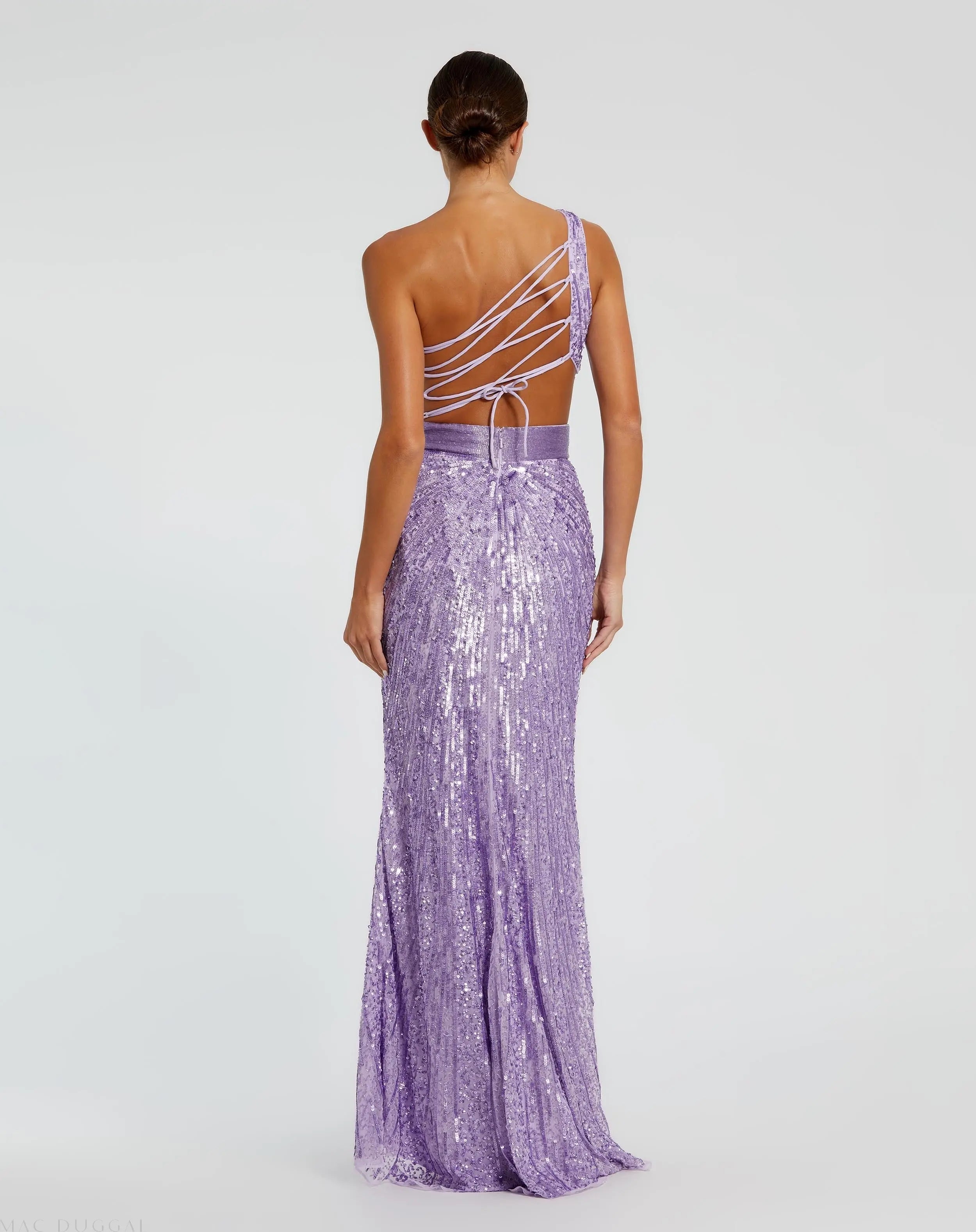 Purple Sequined One Shoulder Draped Lace Up Gown