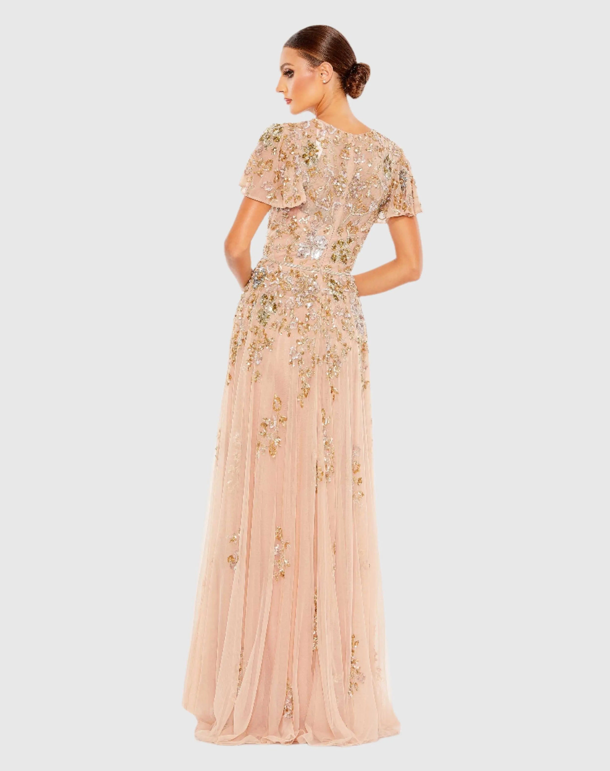 Pink Embellished Butterfly Sleeve High Neck Gown