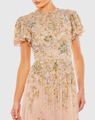 Pink Embellished Butterfly Sleeve High Neck Gown