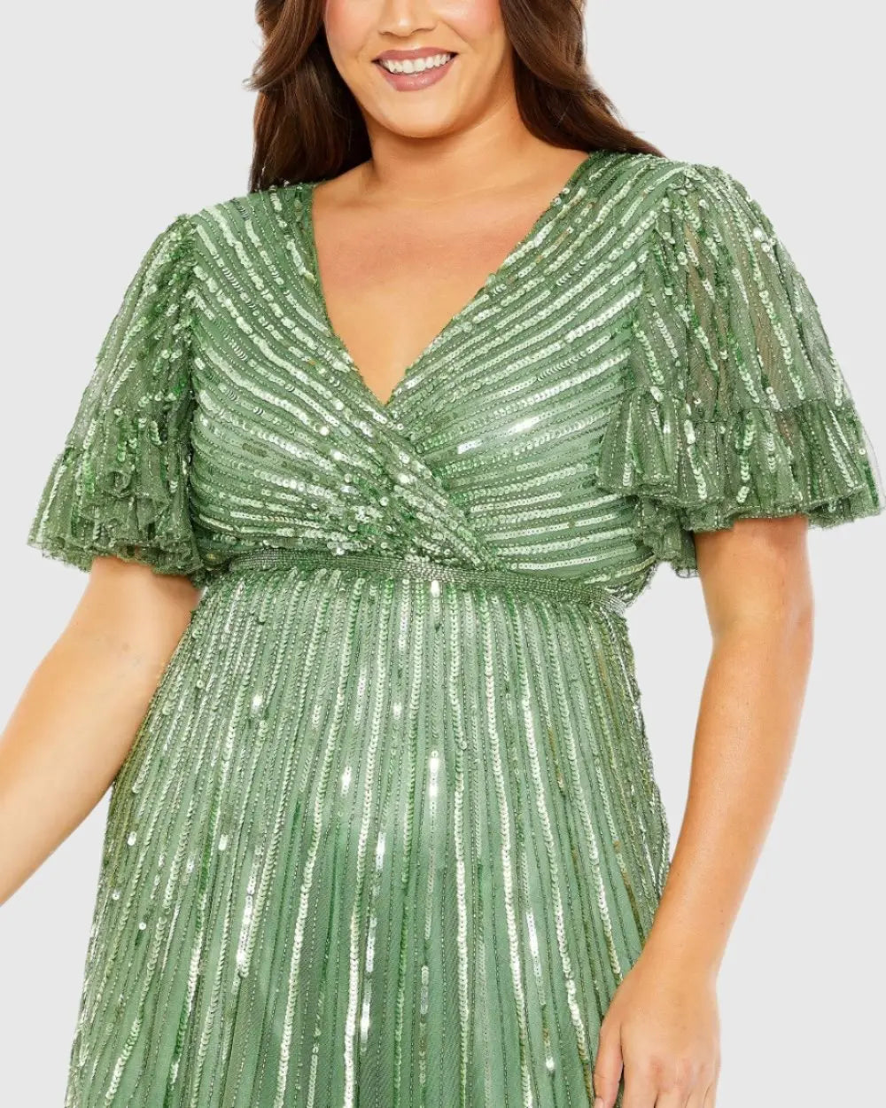 Green Sequin Faux Wrap Flutter Sleeve Ruffle Dress (Plus)