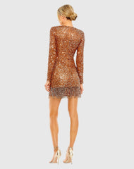 Orange V Neck Long Sleeve Sequin Dress with Fringe Detail