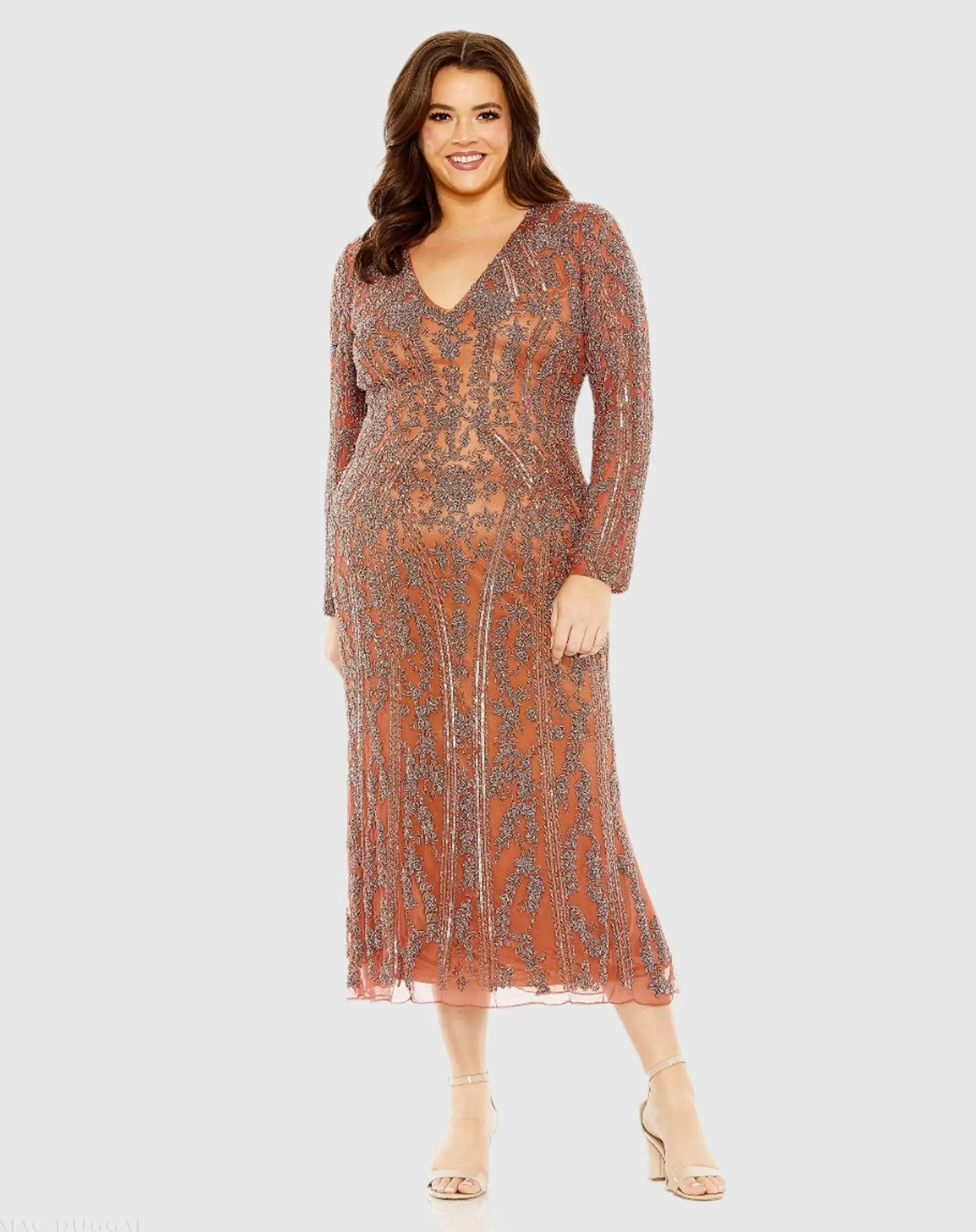 Orange Long Sleeve Embellished Dress (Plus)