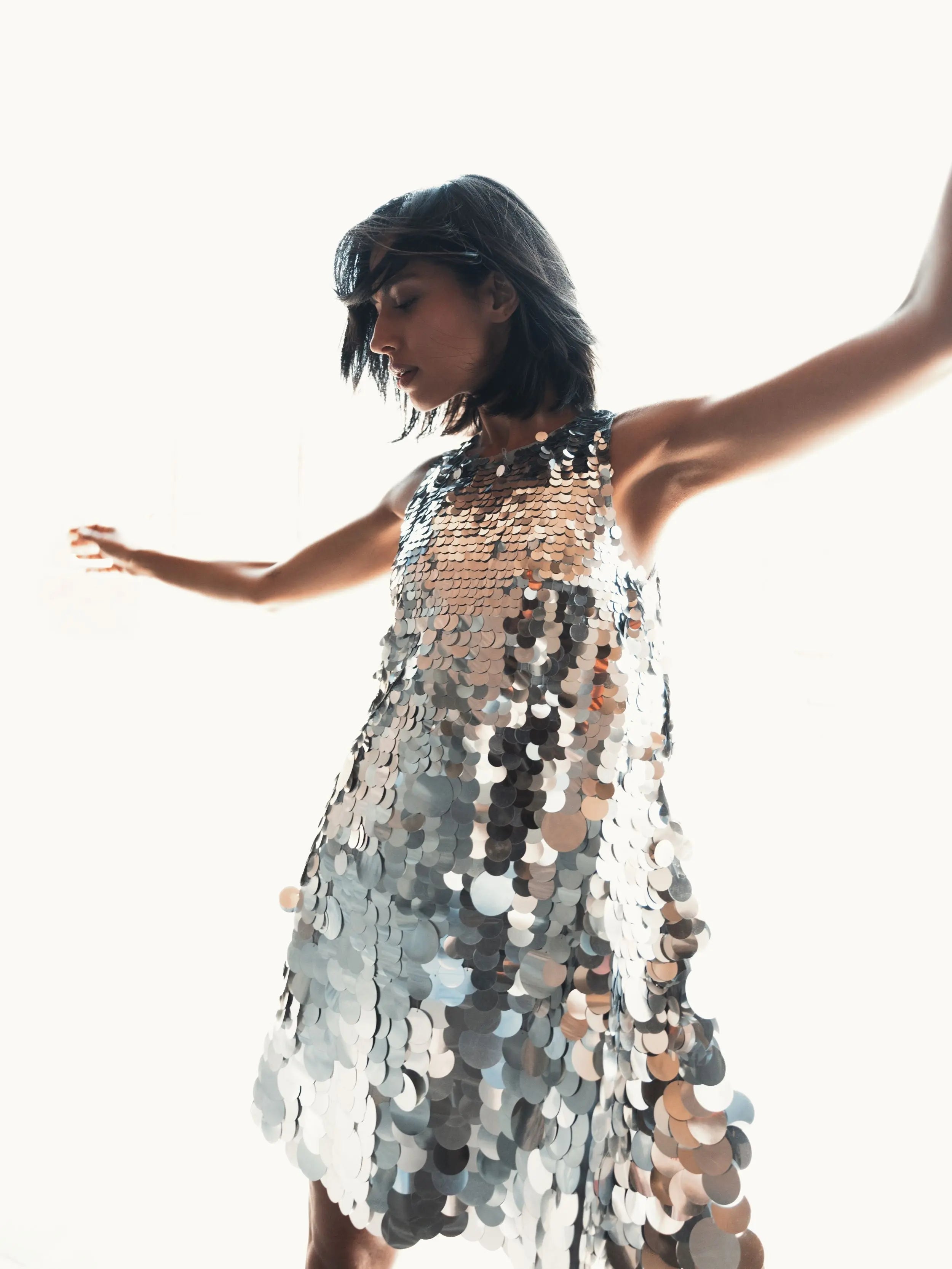 Silver Sleeveless Disc Sequin Trapeze Dress