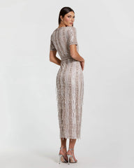 Pink High Neck Short Sleeve Crystal Fringe Sheath Dress