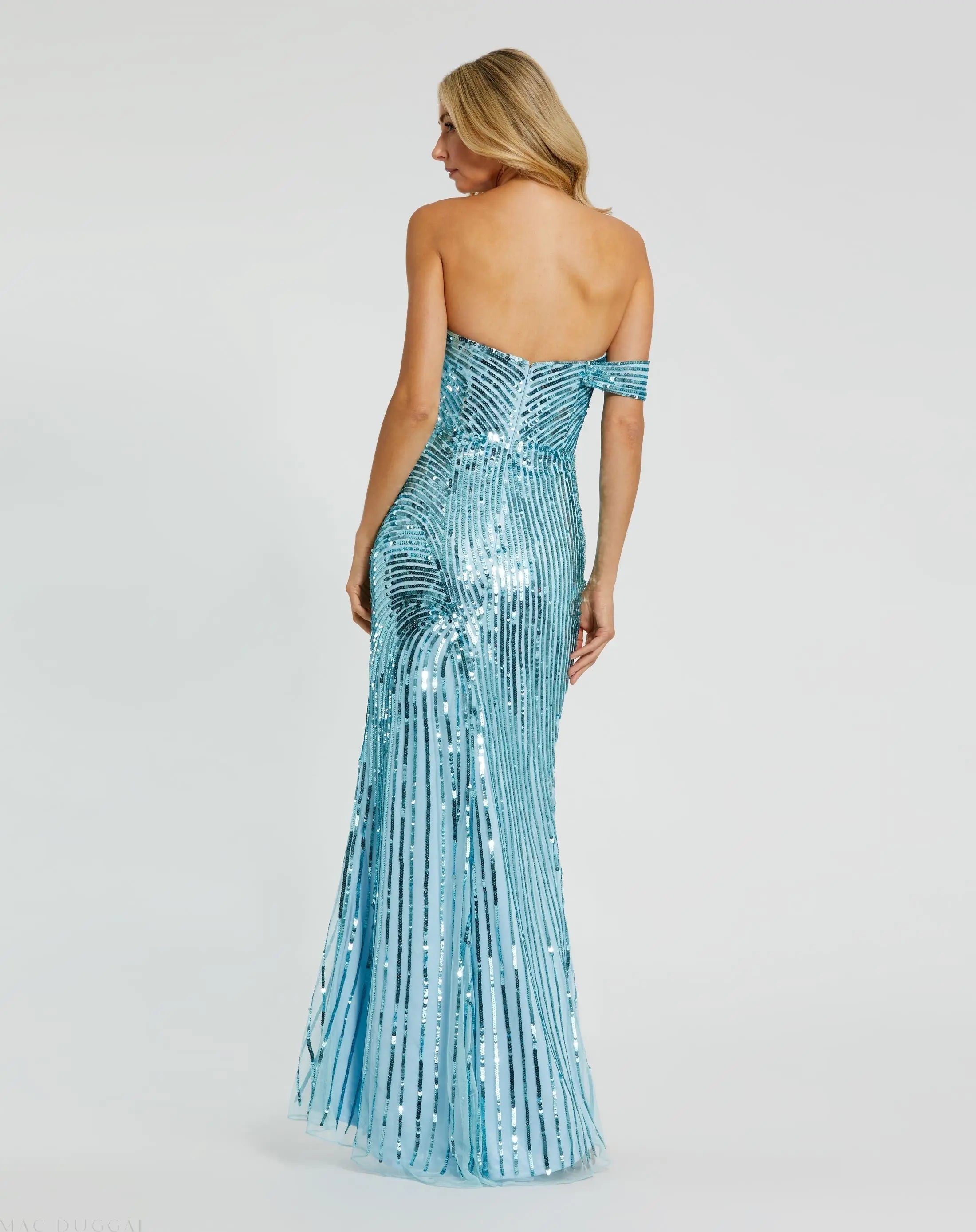 Blue One Shoulder Mesh Sequin Gown With Slit