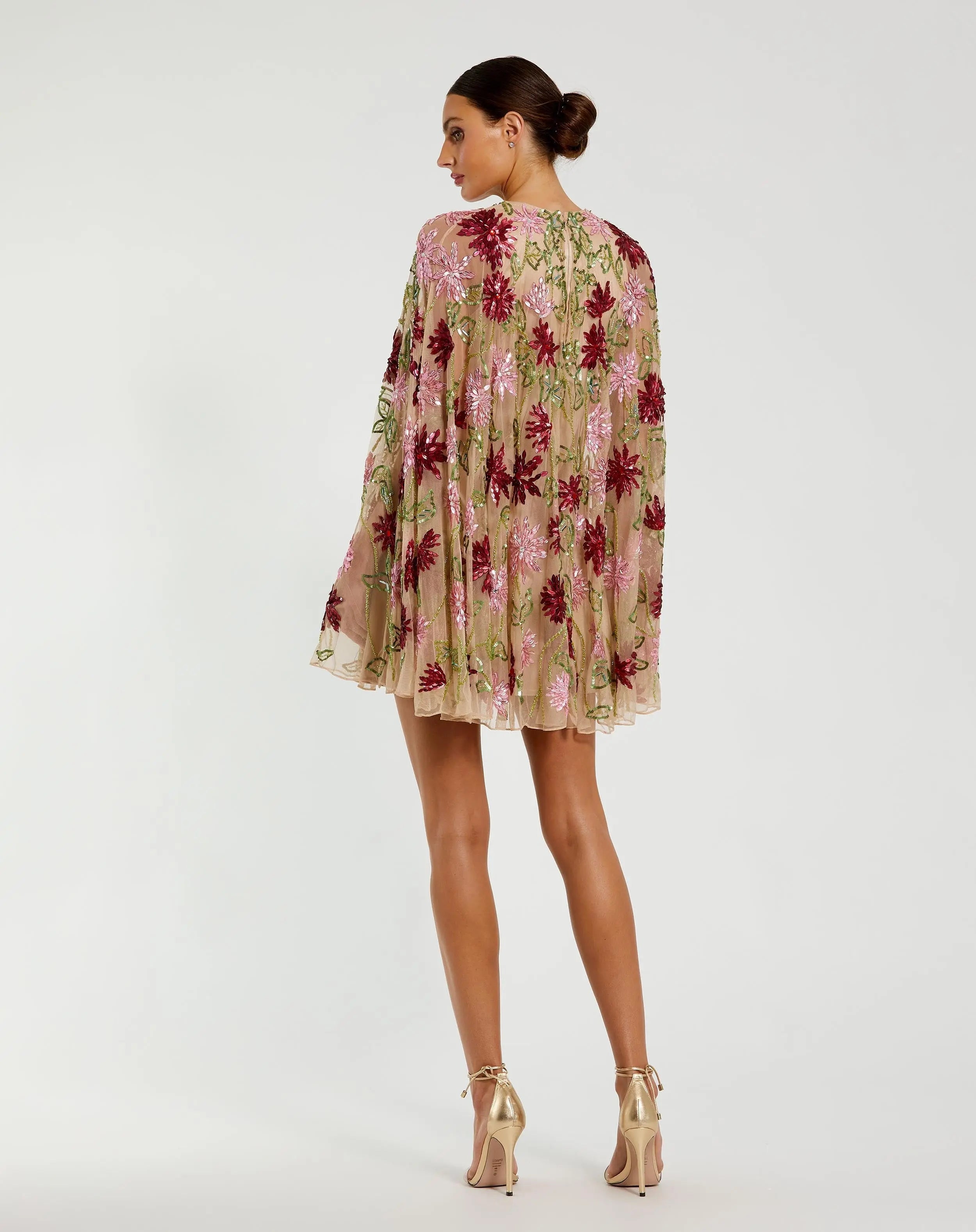 Beige Floral Embellished Shawl Mini Dress