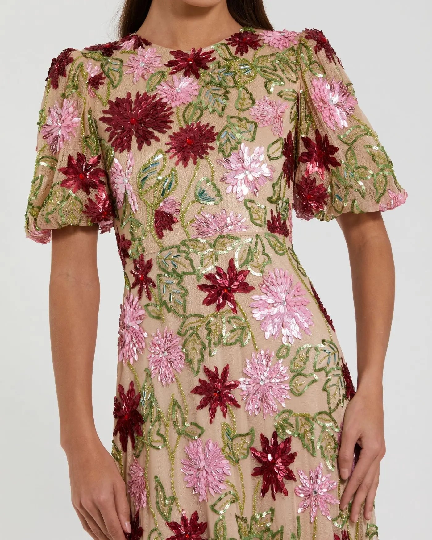 Beige Floral Beaded Mesh Puff Sleeve Gown