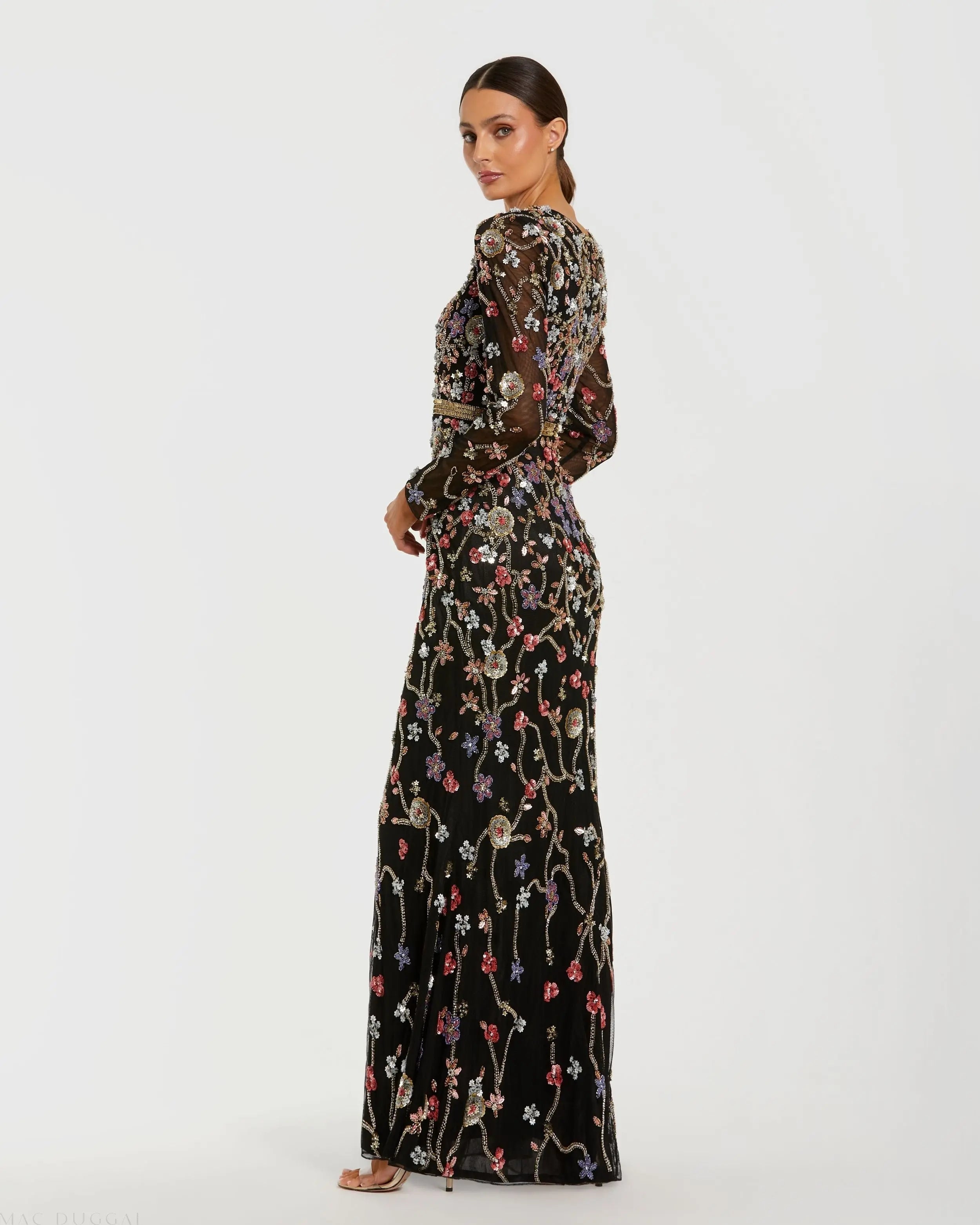 Black Embellished Mesh Long Sleeve Gown
