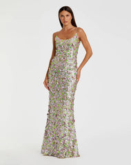 Multicolor Sleeveless Floral Paillette Embellished Mesh Gown