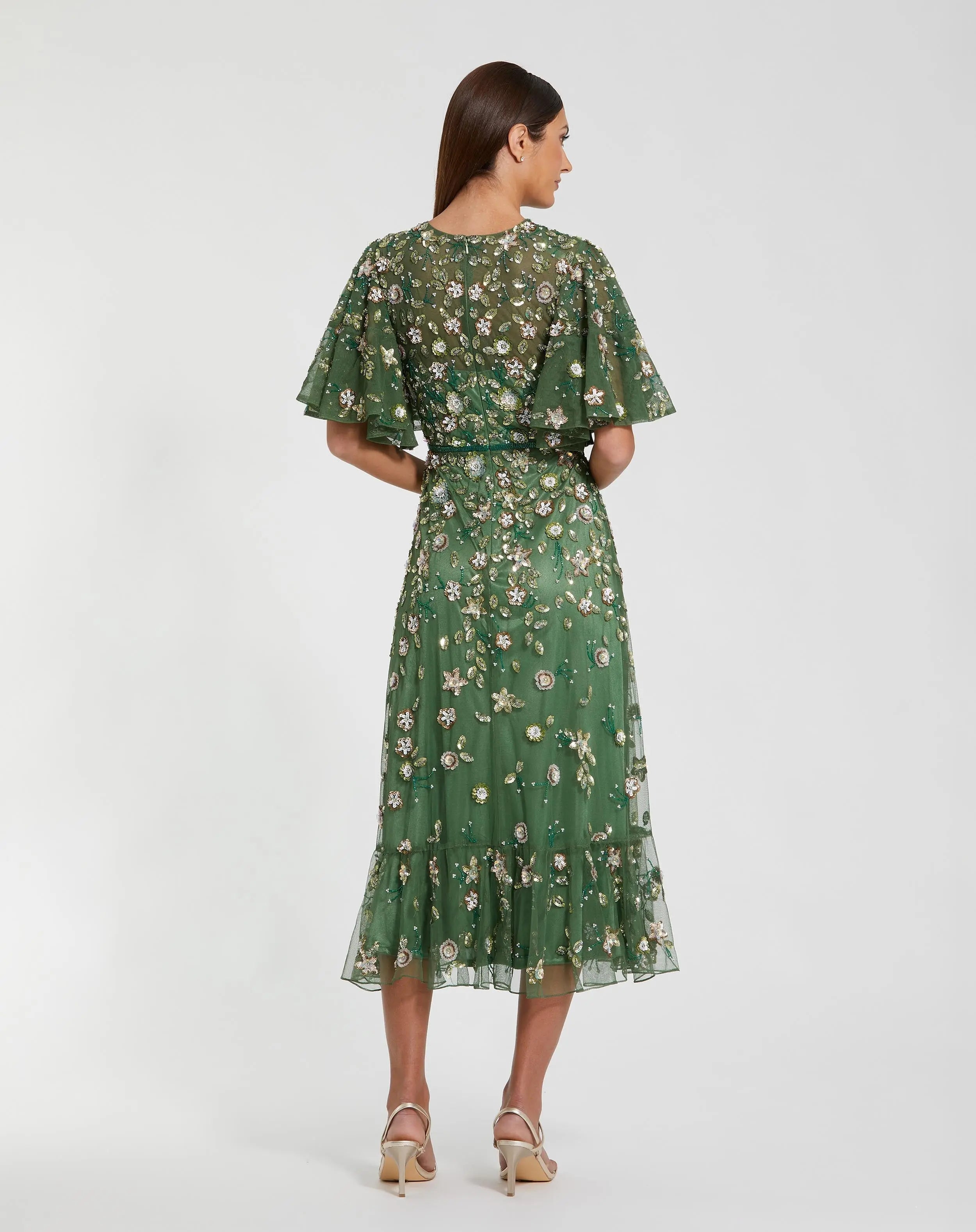 Green Floral Embellished Flutter Sleeve Midi Dress
