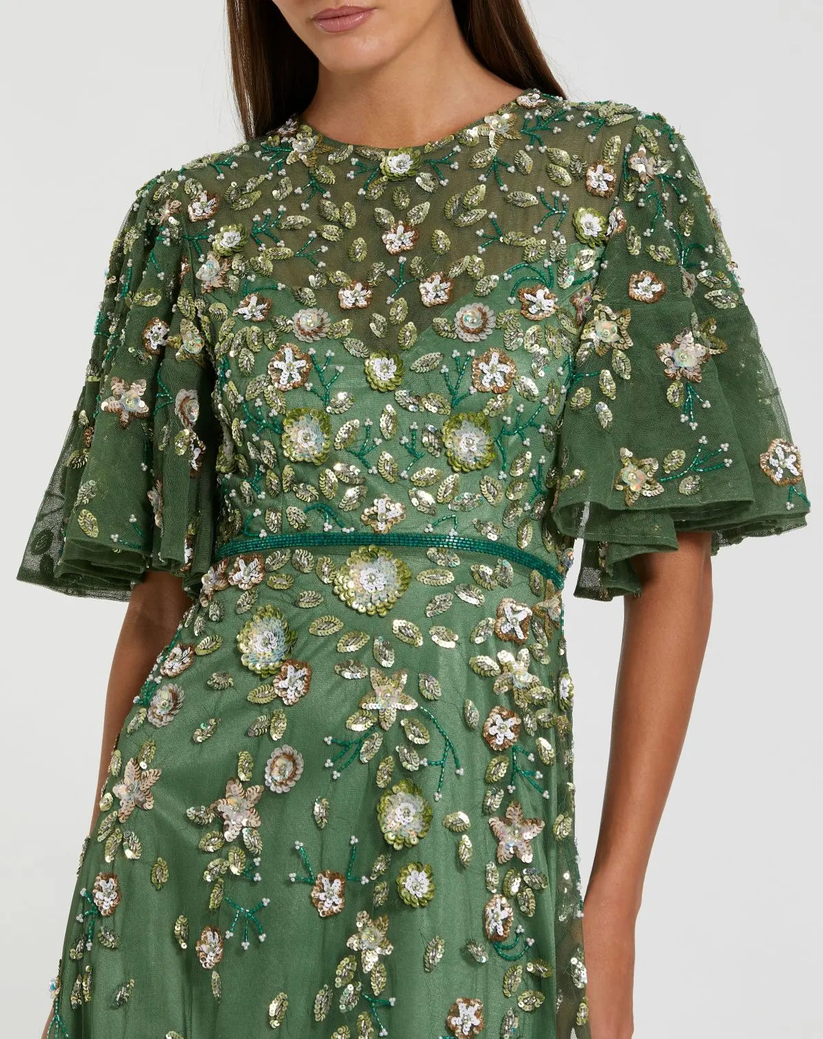 Green Floral Embellished Flutter Sleeve Midi Dress