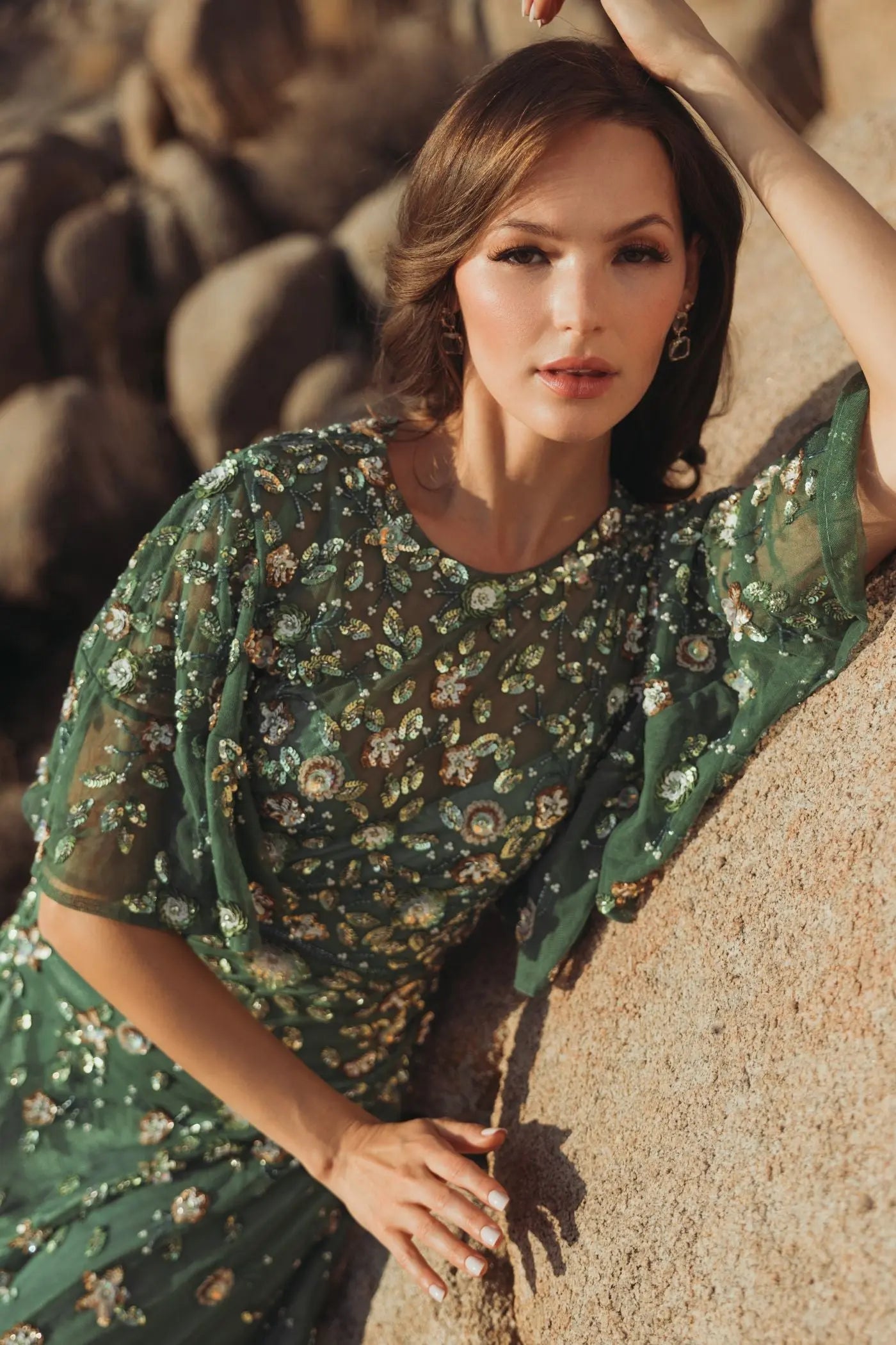 Green Floral Embellished Flutter Sleeve Midi Dress
