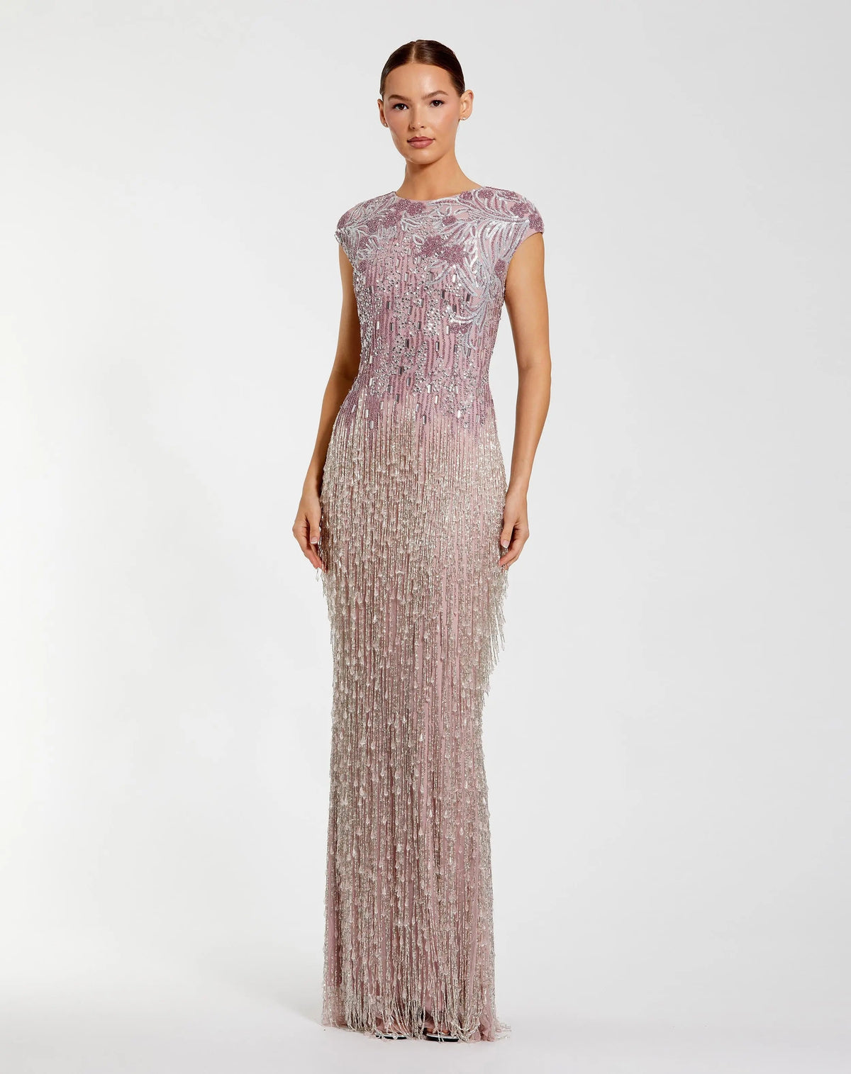 Purple Embellished Cap Sleeve Gown With Fringe Beading