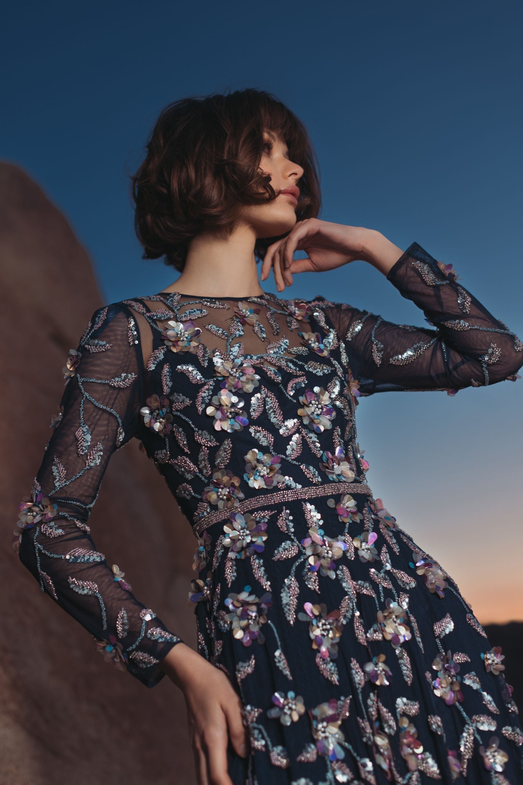 Navy Long Sleeve Floral Embellished Evening Gown