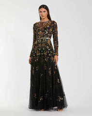 Black Hand Embellished Long Sleeve A Line Gown